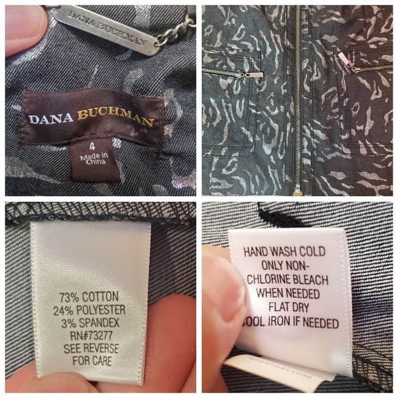 Dana Buchman Denim Blazer Jacket Front Zip O Neck Exotic Metallic Print Womens 4 - Picture 12 of 12